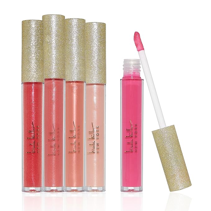 Nicole Miller Lip Gloss Collection Shimmery Glosses for Women and Girls Long Lasting Color Set with Rich Varied Colors, Navy & Gold, 5 Count (Pack of 1)