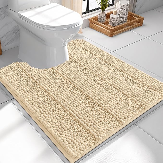 OLANLY Thick Toilet Rugs U-Shaped 24x20, Extra Soft Absorbent Chenille Striped Contour Bathroom Rugs for Toilet, Dry Quickly, Machine Washable, Non-Slip Bath Mat, Beige