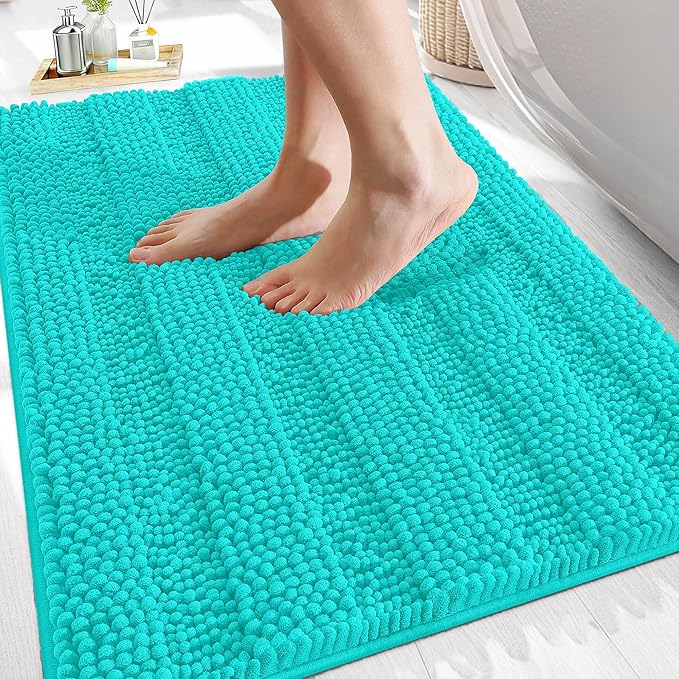 OLANLY Thick Bathroom Rugs 30x20, Extra Soft Absorbent Chenille Striped Bath Rugs, Rubber Backing, Machine Wash Dry, Bath Mats for Bathroom Floor, Tub and Shower, Home Decor Accessories, Teal