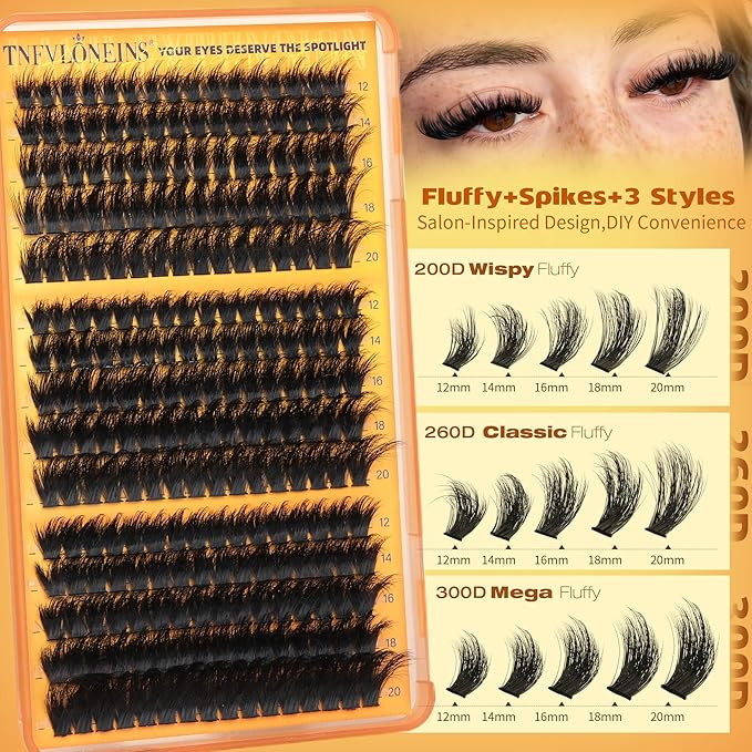 Fluffy Lash Clusters Kit 200D+260D+300D Eyelash Clusters Spikes Lash Extension Kit Thick Eyelash Extension Kit D-Curly Cluster Eyelash Extensions 12-20MM Mink Individual Lashes Cluster by TNFVLONEINS