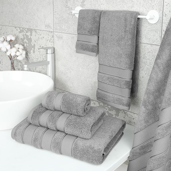 American Soft Linen Salem Turkish Bath Towel Set, 100% Cotton 600 GSM 6 Piece Towels for Bathroom, 2 Bath Towels 2 Hand Towels 2 Washcloths, Light Grey