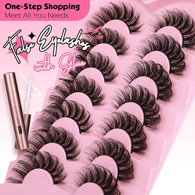 JIMIRE Cat Eye Lashes with Glue Wispy False Eyelashes with Eyelash Glue Kit Russian Strip Lashes D Curl Mink Lashes Fluffy 7 Pairs Pack