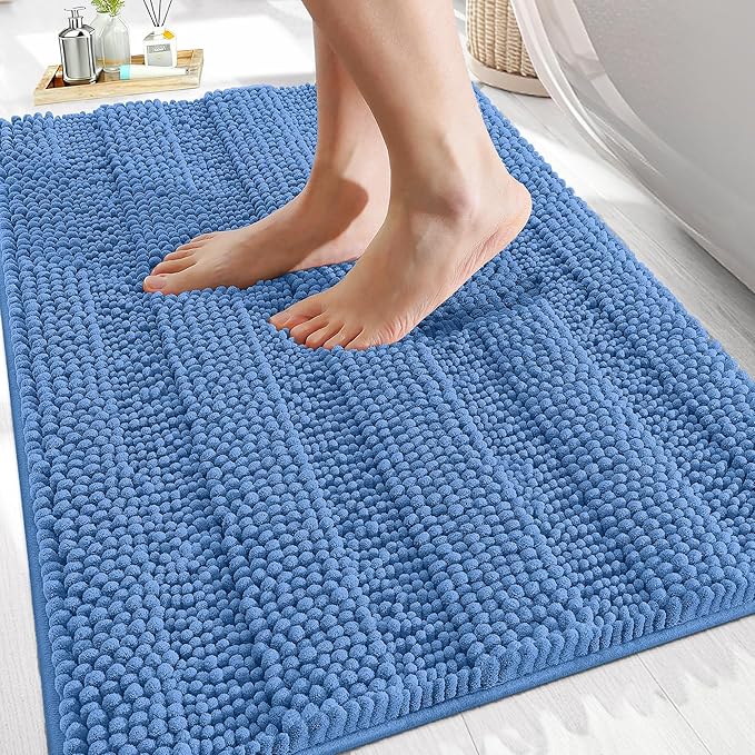 OLANLY Thick Bathroom Rugs 30x20, Extra Soft Absorbent Chenille Striped Bath Rugs, Rubber Backing, Machine Wash, Bath Mats for Bathroom Floor, Tub and Shower, Home Decor Accessories, Cornflower Blue