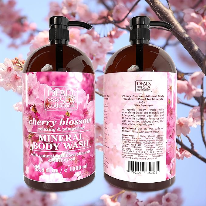 Dead Sea Collection Cherry Body Wash for Women and Men - with Pure Dead Sea Minerals and Cherry Seeds Oil - Cleanses and Moisturizes Skin - Pack of 2 (67.6 fl. oz)
