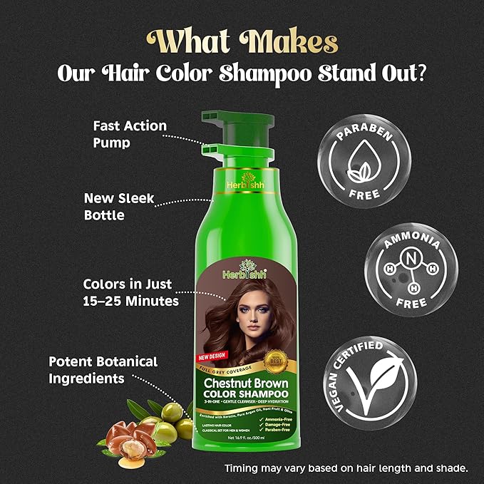 Herbishh Hair Color Shampoo for Gray Hair – Magic Hair Dye Shampoo – Colors Hair in Minutes–Long Lasting–500 Ml–3-In-1 Color for Women & Men –Ammonia-Free (Chestnut Brown)
