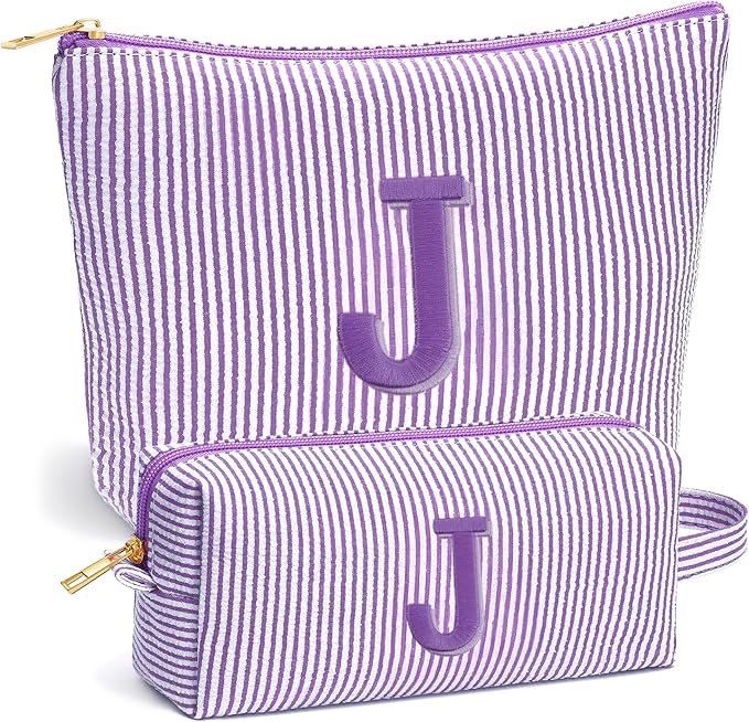 Fohufo Travel Essentials - Portable Travel Toiletry Bag for Women, Initial Makeup Kit Organizer Make up Cosmetic Bag Set Purple Stuff Birthday Gifts for Women Daughter Mom, Purple Letter J