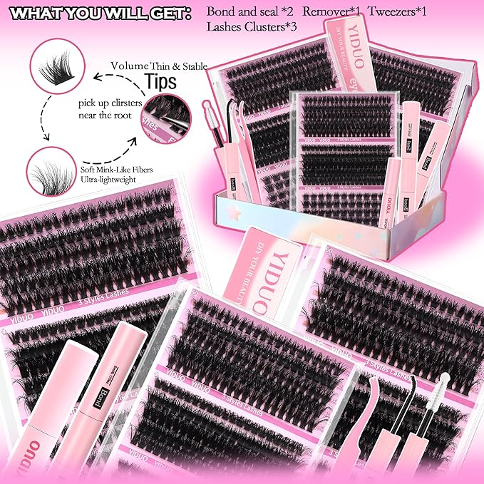 Volume Lashes Clusters Lash Kit 770Pcs with 2X Bond&Seal 5 style Mixed C-Curl False Eyelashes Extensions Kit Faux Mink Individual Wispy Lash Clusters Thick Lash Extensions DIY at Home Easily
