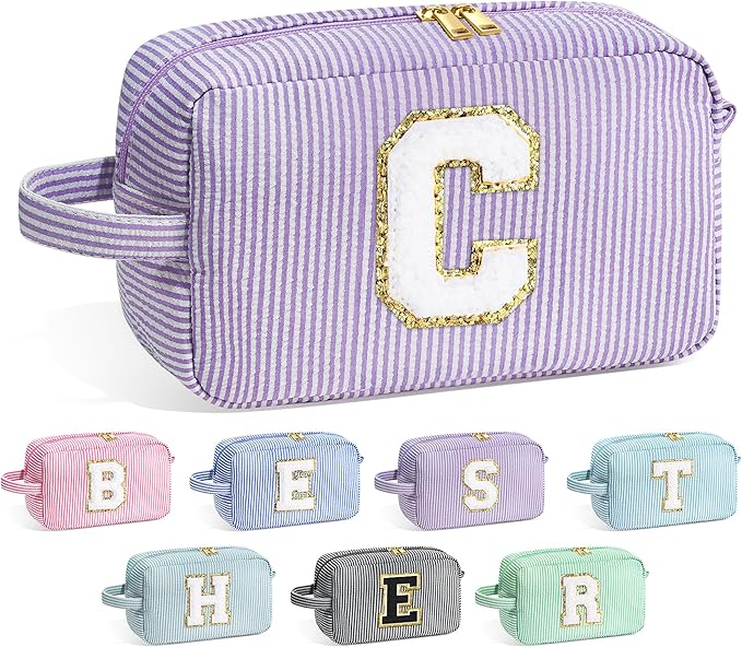 YOOLIFE Birthday Gifts for 6 7 8 9 10 11 12 13 14 15 Year Old Teen Girl - Initial Makeup Bag Letter Toiletry Pouch Cosmetic Case, Personalized Teen Girl Gifts Trendy Stuff, Purple C