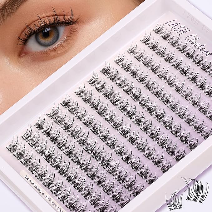 Natural Lash Clusters Kit Wispy Lash Invisible Clear Band Cluster Eyelash Extensions Kit 8-16mm Individual Lashes Extension D Curl Eyelash Clusters with Anime Clusters