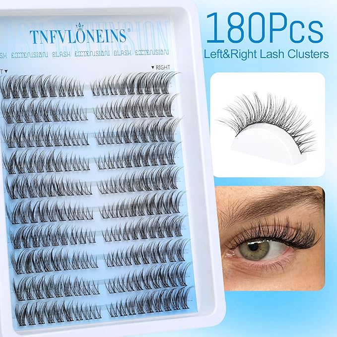 TNFVLONEINS Wispy Lash Extension Kit Left&Right Eyelash Extension Kit Natural Lash Clusters Kit 180Pcs Cluster Eyelash Extensions Kit C Curl Individual Lashes with Bond and Seal and Tweezers