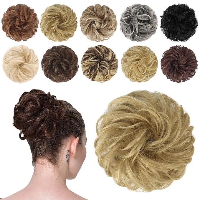 FESHFEN Messy Bun Hair Piece - Wavy Synthetic Chignon Scrunchies for Instant Volume, Elastic Bun Ponytail Hair Extensions Thick Hairpieces for Women, Light Golden Blonde 1.50 oz