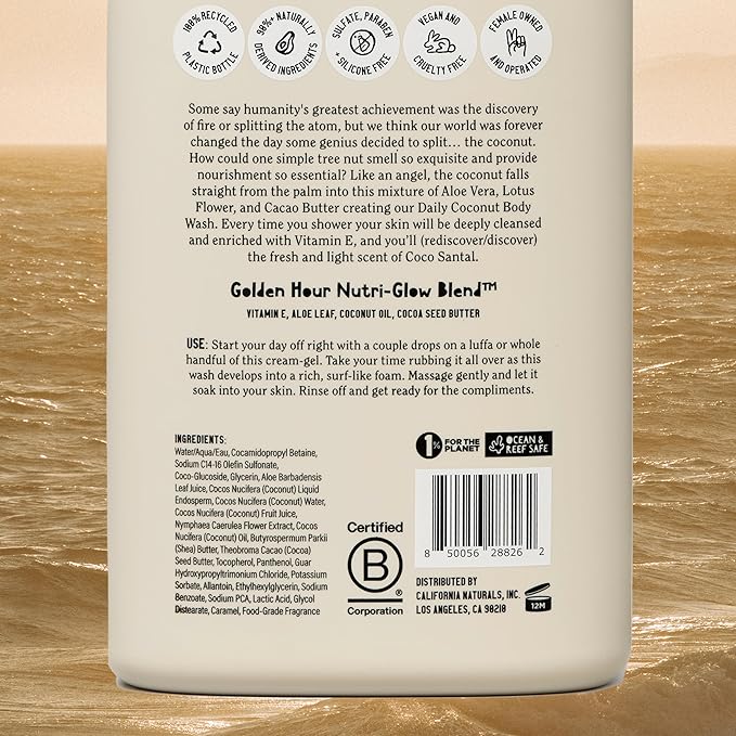 California Naturals Body Wash for Women and Men, Vitamin E Shower Gel Cleanser, Natural, Vegan & Cruelty Free, Paraben & Sulfate Free, Moisturizing Skin, Coconut, All Skin Types, 16.5 fl oz