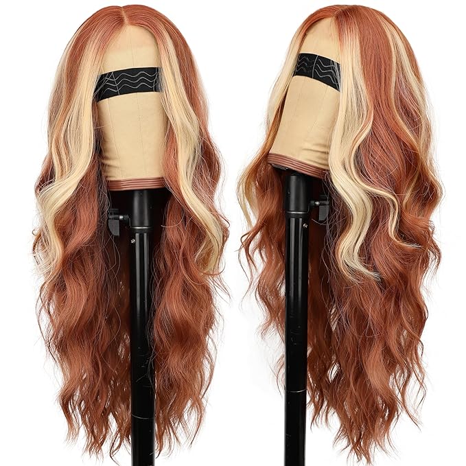 AISI HAIR Ginger Mixed Blonde Wig for Women, Long Wavy Lace Hairline Middle Part Synthetic Wig for Daily Party-26 Inch