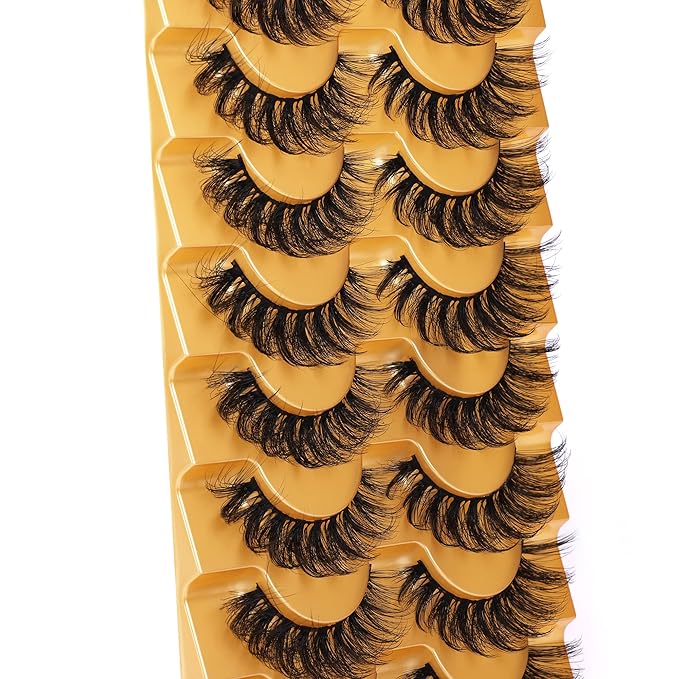 Focipeysa False Eyelashes Fluffy Mink Lashes Natural D Curl Lash Strips Look Like Extensions 17mm Wispy Crossed Cat Eye Lashes 8 Pairs Pack
