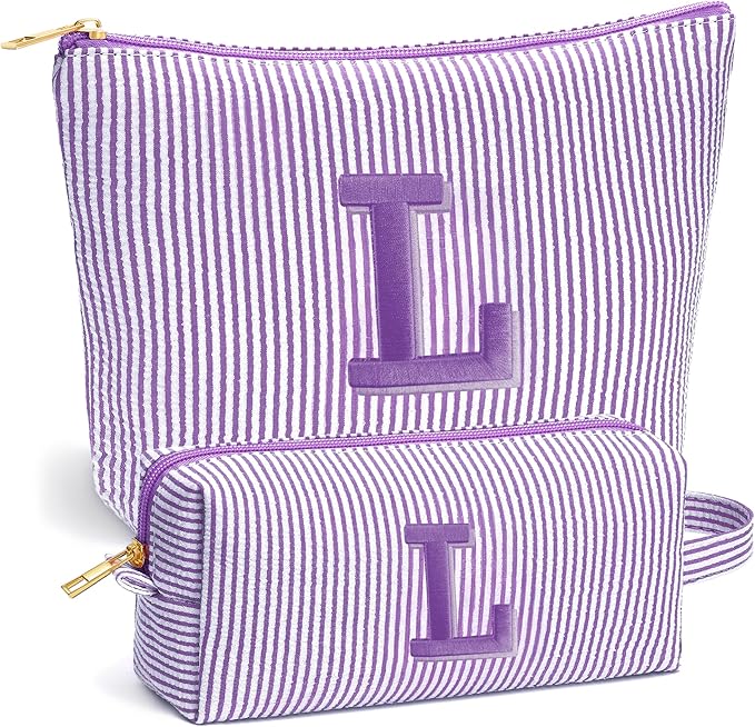 Fohufo Travel Toiletry and Makeup Bag - Travel Essentials for Women, Purple Initial Makeup Bags for Hair Ties, Clips, Brushes, Sponges, Lipsticks, Blush, Eyelash Curler, Easy to Carry, Purple Letter L