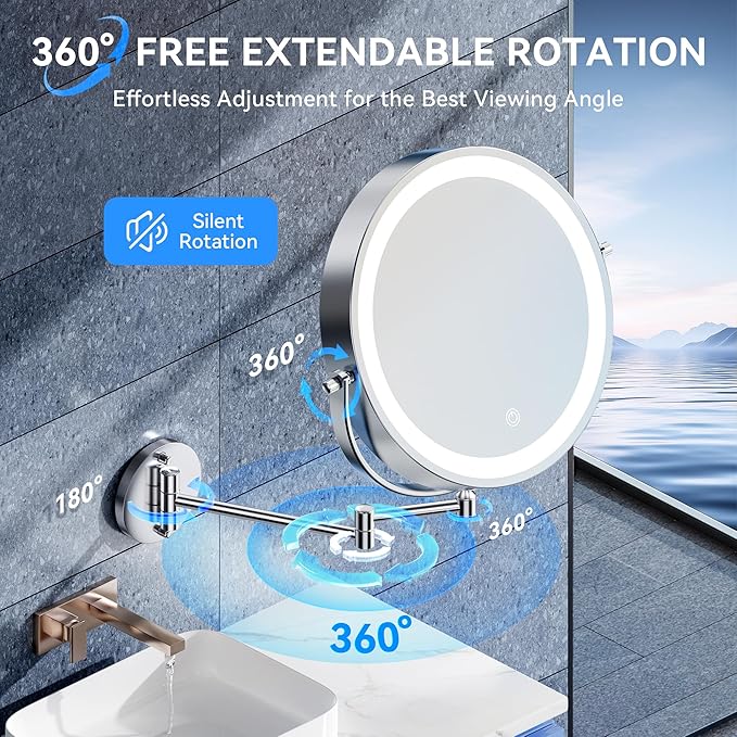9'' 30X/1X Wall Mounted Lighted Makeup Mirror, 5000mAh Rechargeable Double-Sided Magnifying Mirror with Light, Vanity Mirror Touch Dimmable 3 Colors 360° Rotation Extended Foldable Arm, Power Adapter