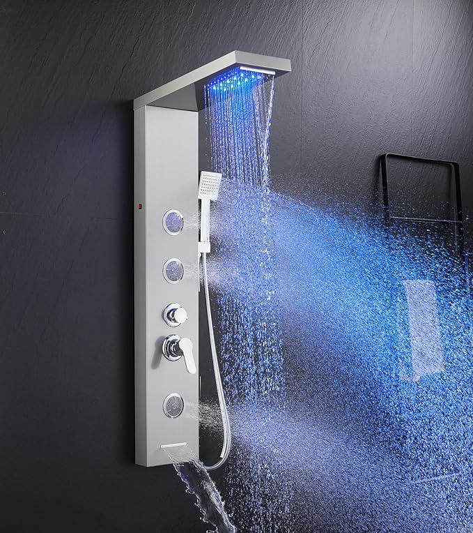 TSIBOMU 5 in 1 Shower Panel Tower System with LED Lights, Rainfall and Waterfall Shower Head, 3 Pcs Adjustable Body Jets, Handheld Shower, Tub Spout (Brushed Nickel)