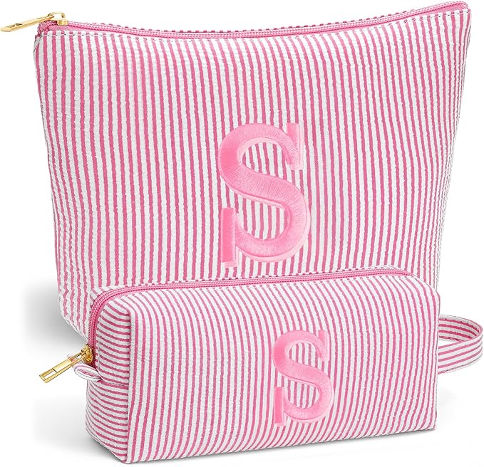 Fohufo Travel Makeup Bag for Girls - Personalized Initial Pink Makeup Bag, Teen Girl Gifts Trendy Stuff, 6 7 8 9 10 11 12 Year Girl Birthday Gift, Christmas Gift for Girls Travel Essentials, Letter S