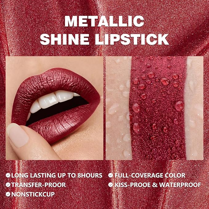 ilembane Metallic Liquid Lipstick Dark Red – High Pigment Long-Lasting Waterproof Lip Gloss, Smudge-Proof, Lightweight Red Metallic Lip Makeup for Parties & Everyday Wear (Be Brave)