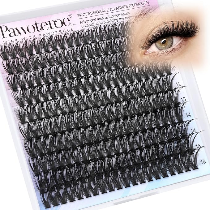 Pawotence Lash Clusters 200pcs Individual Lashes 50D Cluster Eyelash Extensions 9-16mm Eyelash Clusters Lash Extensions for Self Application (50D, 0.07D, 9-16mm Refill)