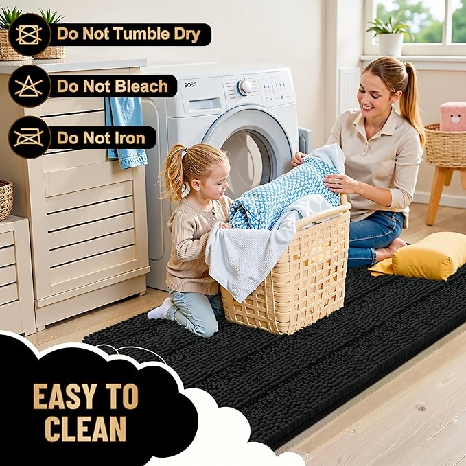 OLANLY Thick Bathroom Rugs 44x24, Extra Soft Absorbent Chenille Striped Bath Rugs, Rubber Backing, Machine Wash Dry, Bath Mats for Bathroom Floor, Tub and Shower, Home Decor Accessories, Black
