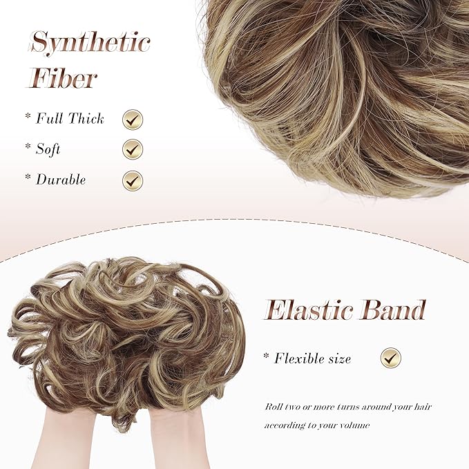 FESHFEN Large Messy Bun Hair Piece - Wavy Synthetic Chignon Scrunchies Elastic Ponytail Hair Extensions Thick Hairpieces for Women, Copper Brown & Beige Blonde 1.94oz