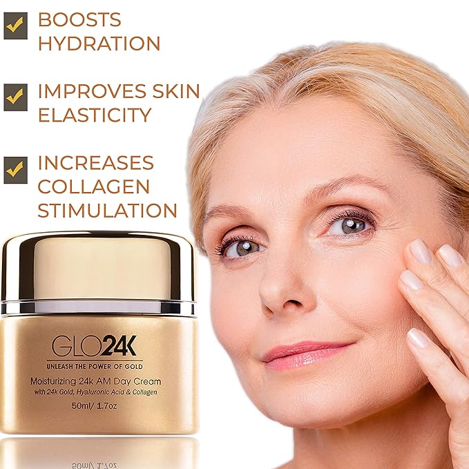 GLO24K Moisturizer Face Cream with 24K Gold, Vitamins – Collagen Retinol Hyaluronic Acid – Hyaluron Acid Cream for Hydration & Daily Skin Care, Day Cream