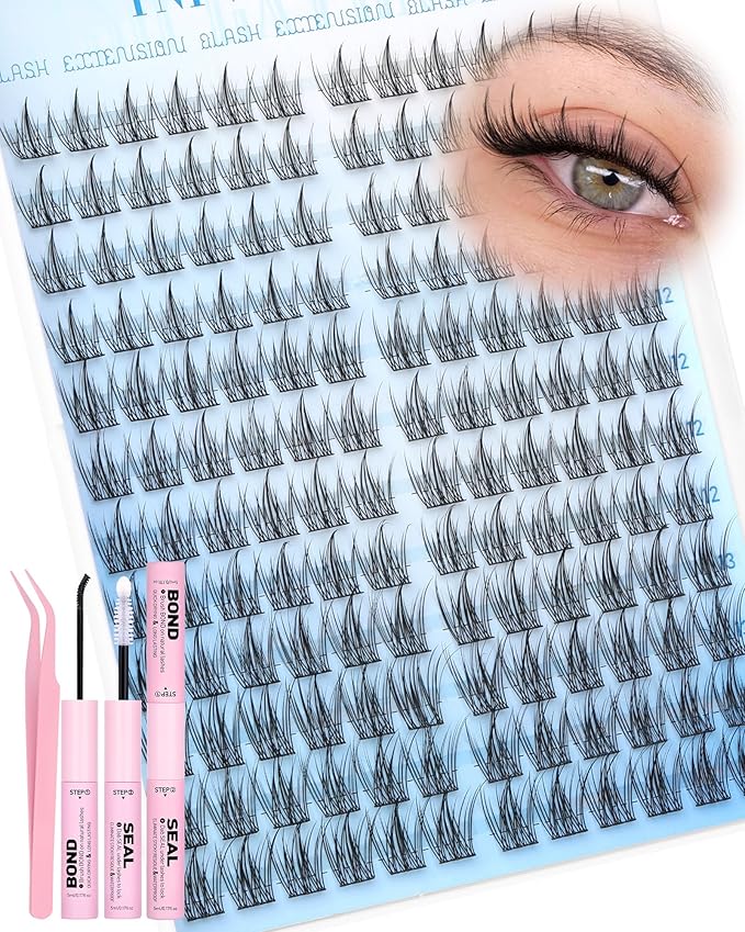 Natural Lash Clusters Kit Fairy Eyelash Clusters 11-13MM Wispy Lash Extension Kit Cluster Eyelash Extensions Thin Band Eyelash Extension Kit DIY Individual Lashes Bond and Seal,Tweezers TNFVLONEINS