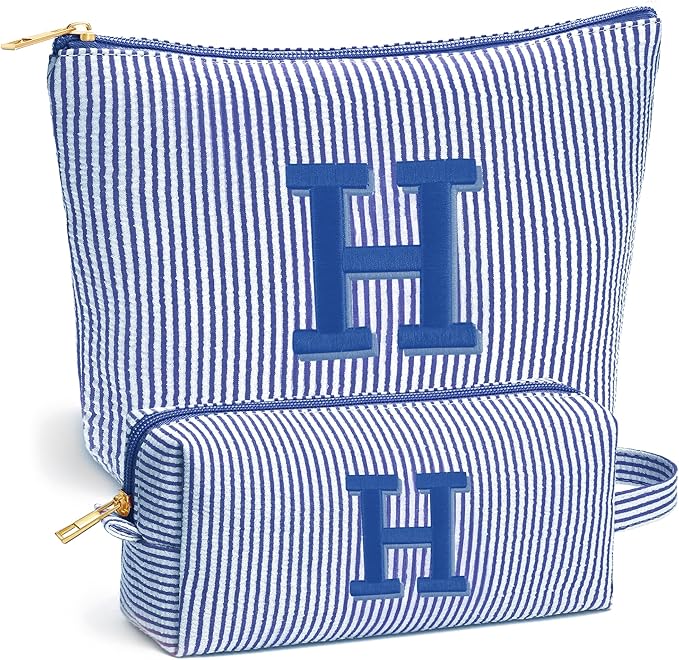 Fohufo Christmas Gifts for Women - Christmas Stocking Stuffers, Personalized Small Makeup Bag for Purse Travel Makeup Bag Set, Initial Make up Bag Pouch,Birthday Gifts for Women, Blue Letter H