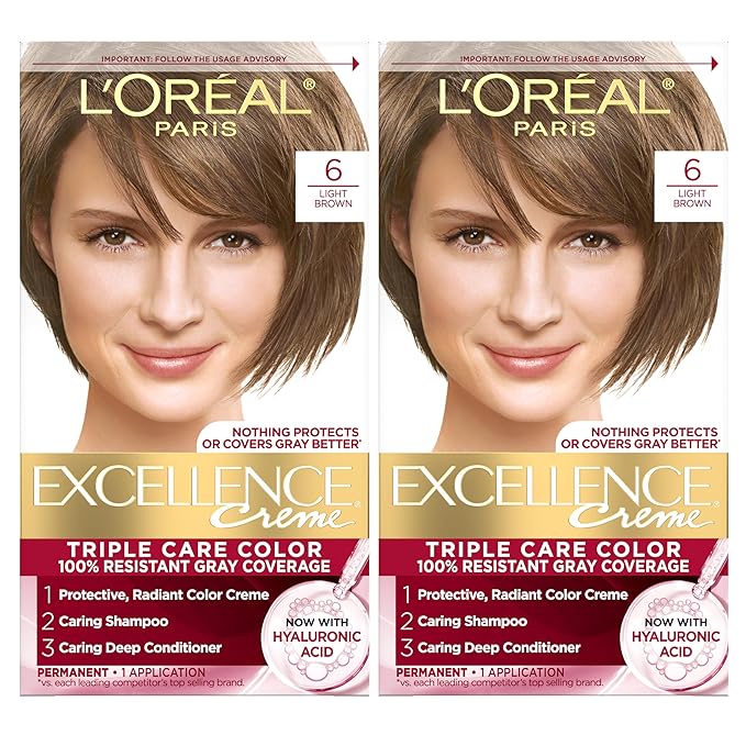 L'Oreal Paris Excellence Crème Permanent Hair Dye, Triple Care Hair Color with Hyaluronic Acid for 100% Gray Coverage, 6 Light Brown, 1 Kit (Pack of 2) (Packaging May Vary)