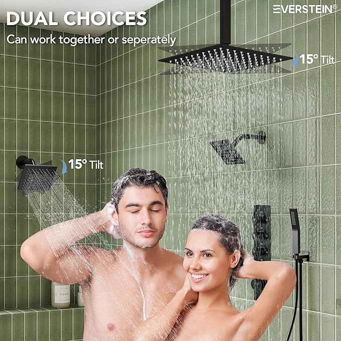 EVERSTEIN Thermostatic Shower system, 16, 6 in. Bathroom Shower Set Wall Mount Dual Shower Head Faucet in Matte Black
