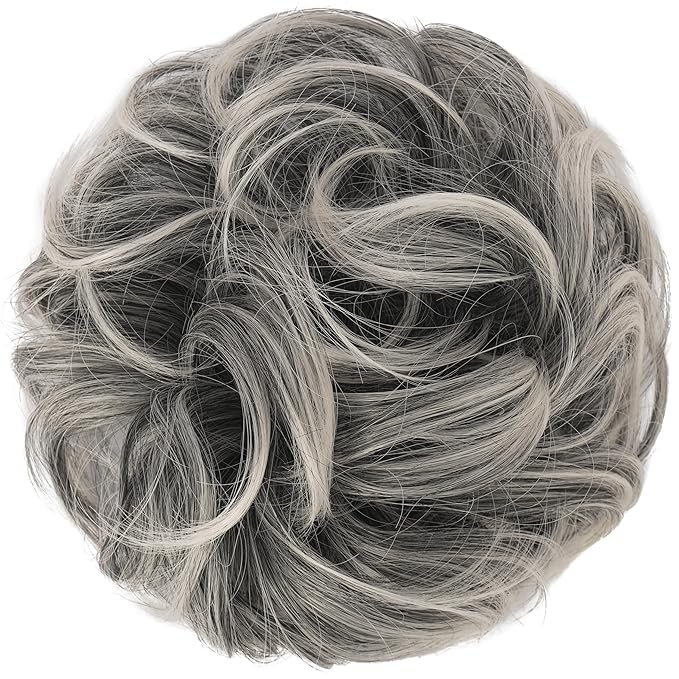 FESHFEN Messy Bun Hair Piece - Wavy Synthetic Chignon Scrunchies for Instant Volume, Elastic Bun Ponytail Hair Extensions Thick Hairpieces for Women, Black Gray and White Tips 1.50 oz