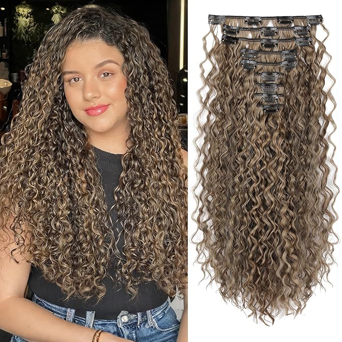 LONAI Hair Extension,9PCS Brown 22" Curly Clip in Hair Extensions LN002 Long Soft Thick Synthetic Hairpieces for Women-Deep Brown with Dirty Blonde