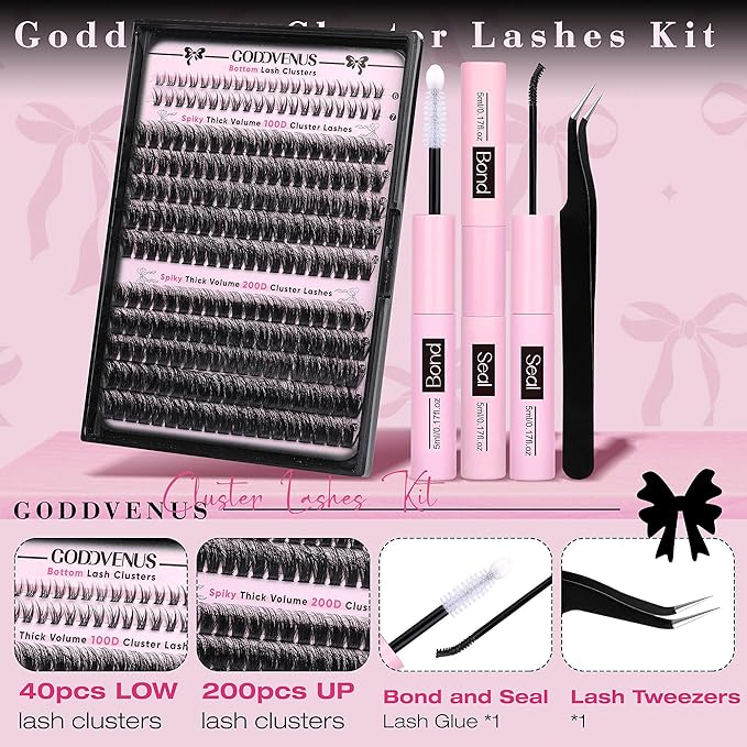 Fluffy Eyelash Clusters Kit Waterproof DIY Lashes Extension Kit Wispy Volume D Curl Cluster Eyelash Extensions Kit Mink Individual Lashes Kits with Bottom Eyelashes (Volume 240pcs D Curl)