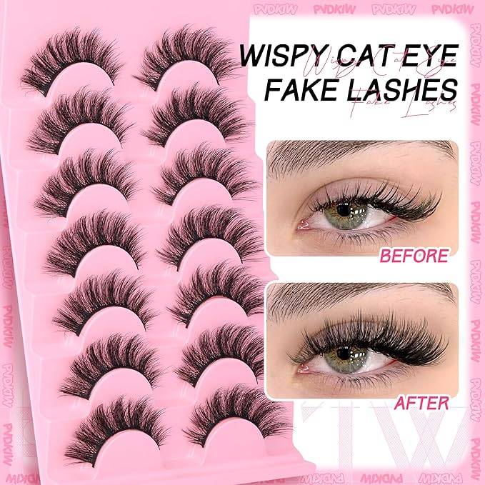 Wispy Lashes Manga False Eyelashes Natural Cat Eye Lahses Strip 8-15mm Fake Lashes Pack Wispy 3D Eyelashes with Cotton Band, 7 Pairs