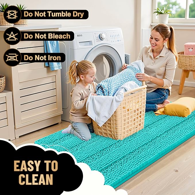 OLANLY Thick Bathroom Rugs 24x16, Extra Soft Absorbent Chenille Striped Bath Rugs, Rubber Backing, Machine Wash Dry, Bath Mats for Bathroom Floor, Tub and Shower, Home Decor Accessories, Teal