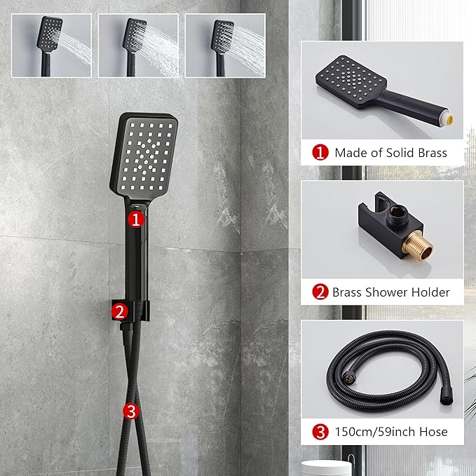 LCEVCGK Shower Faucet Set Complete Matte Black Shower System with 10 inch Square Rainfall Shower Head 3-Function Handheld Shower Waterfall Bathtub Spout Rain Shower Combo Set Bathroom Wall Mounted