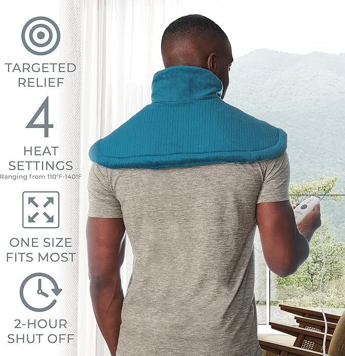 Pure Enrichment PureRelief Neck & Shoulder Heating Pad - 4 Heat Settings, Auto Shut-Off, Universal Fit, Magnet Closure, Soft Micromink, Storage Bag, 5-Year Warranty, Machine Wash (Turquoise Blue)