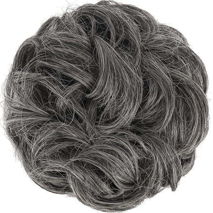 FESHFEN Messy Bun Hair Piece - Wavy Synthetic Chignon Scrunchies for Instant Volume, Elastic Bun Ponytail Hair Extensions Thick Hairpieces for Women, Dark Salt and Pepper 1.50 oz