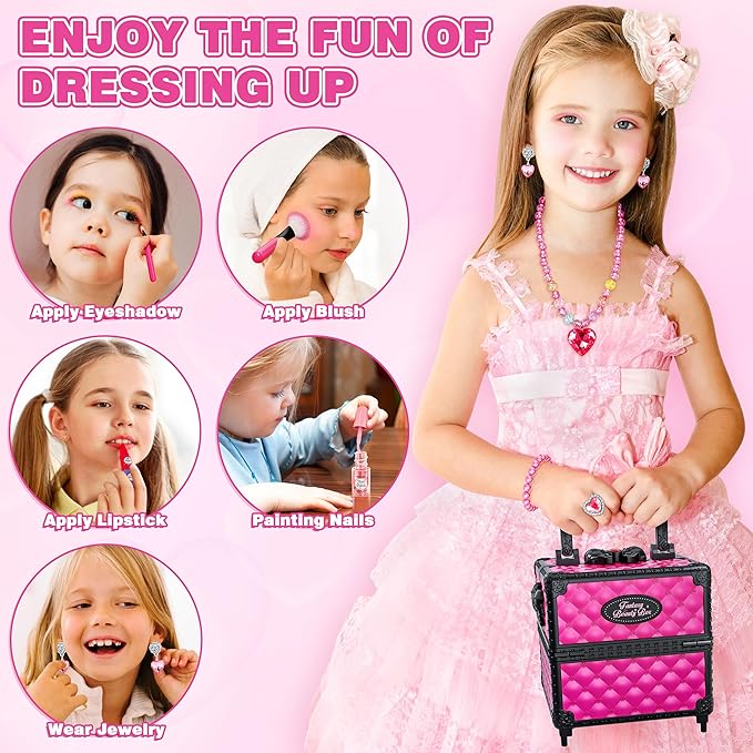 99 Pcs Kids Makeup Kit for Girls, Princess Toys Real Washable Cosmetics Set with Mirror,Rings, Necklace, Perfect for 3 4 5 6 7 8 Year Old Girls Birthday