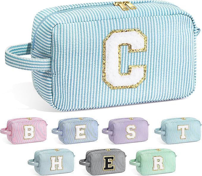 YOOLIFE Birthday Gifts for 6 7 8 9 10 11 12 13 14 15 Year Old Teen Girl - Initial Makeup Bag Letter Toiletry Pouch Cosmetic Case, Personalized Teen Girl Gifts Trendy Stuff, Light Blue C