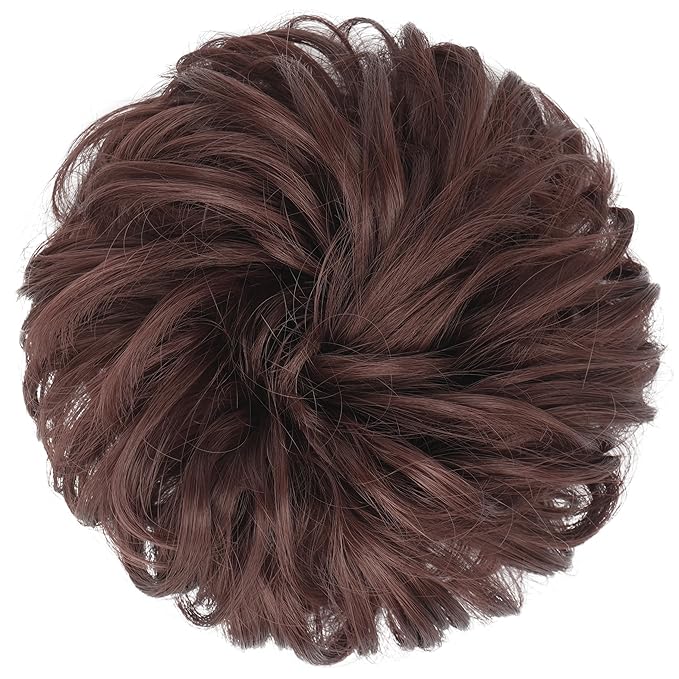 FESHFEN Messy Bun Hair Piece - Wavy Synthetic Chignon Scrunchies for Instant Volume, Elastic Bun Ponytail Hair Extensions Thick Hairpieces for Women, Dark Auburn 1.50 oz