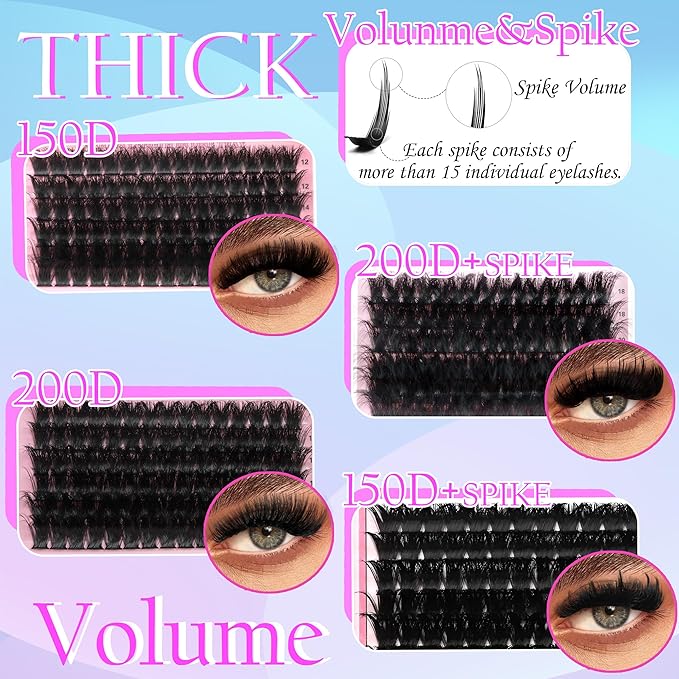 575Pcs Lashes Clusters Kit with Glue and Removers, D Curl Volume 150D+200D Thick+Spiky Lashes Extension, 12-21mm Thick Extension Eyelashes DIY Individual False Eyelash Kit DIY at Home Easily