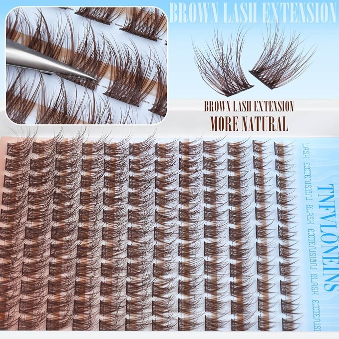 Brown Lash Clusters Kit Natural Eyelash Clusters Fluffy Lash Extension Kit Wispy Eyelash Extension Kit Matte Brown Cluster Eyelash Extensions 8-16mm Individual Lashes Clusters by TNFVLONEINS