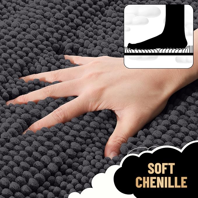 OLANLY Thick Bathroom Rugs 47x20, Extra Soft Absorbent Chenille Striped Bath Rugs, Rubber Backing, Machine Wash Dry, Bath Mats for Bathroom Floor, Tub and Shower, Home Decor Accessories, Dark Grey