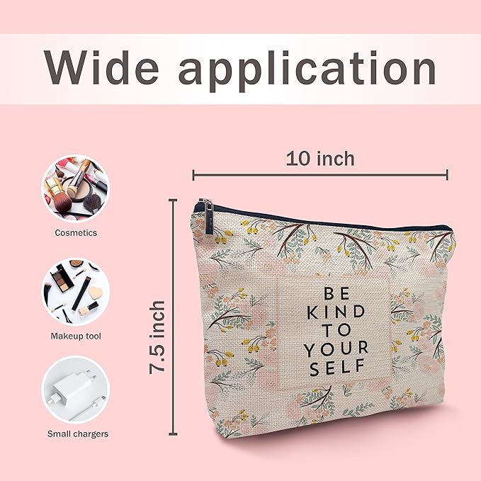 Nogrit Inspiring gifts,be kind Makeup Bag,inspirit Cosmetic Bag,Be Kind to Yourself, Pink Floral Makeup Bag,Encouragement Gifts for Women Teen Girls,Inspiring gifts for women girls