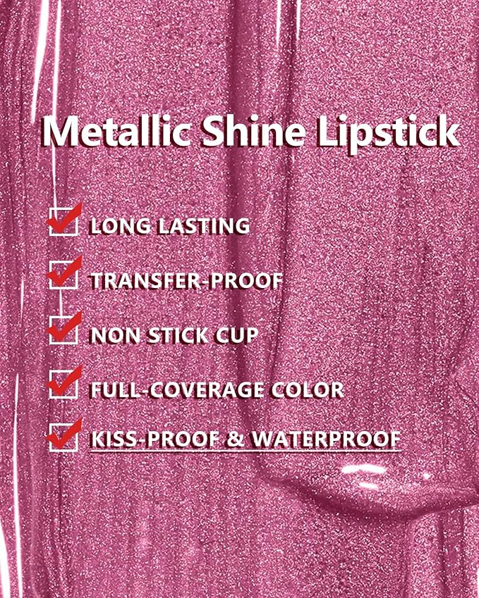 MAKI YIKA Metallic Lipstick Long Lasting Hot Pink Lipsticks for Women Shine Red Lipstick Smudgeproof Transferproof Lip Gloss (BR02 Metal Barbie)