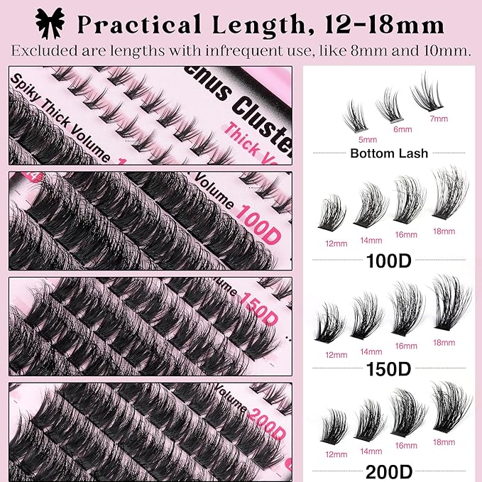 Lash Clusters Volume Cluster Eyelash Extensions D Curl Waterproof Individual Lashes 240pcs Fluffy Faux Mink Cluster Lashes and 60pcs Bottom Lashes for DIY Eyelash Extension