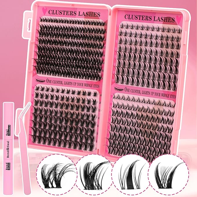 Gmagictobo Manga Lash Clusters Kit Spiky Lashes Clusters Fairy Wispy Lash Clusters Wet-Look Anime Lashes Pack 384 Pcs C/D Curl Fluffy Individual Lashes Lash Bond and Seal Lash Tweezers