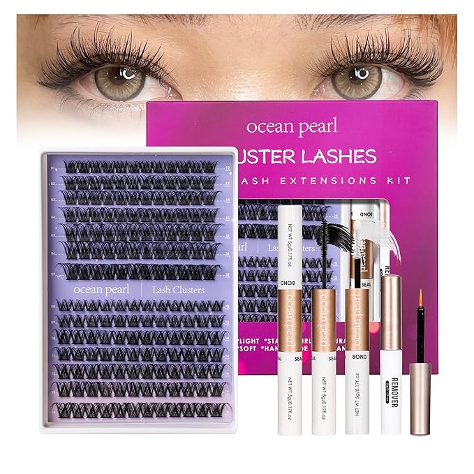 Ocean Pearl Lash Clusters Kit 168pcs 10-18mm manga/anime-inspired lashes clusters,spike-effect cluster lashes,Eyelashes,DIY Cluster Eyelash Extensions kit with lash bond+seal+remover+tweezers-DM01+M38